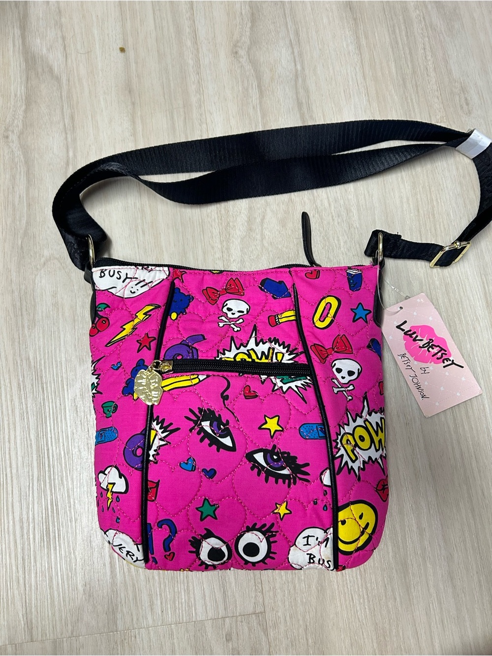 NWT Betsey Johnson Crossbody LBCASSIE Pink Cartoon  Cherries Quilted Hearts Bag